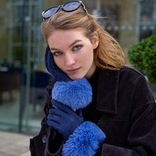 Load image into Gallery viewer, Navy/Cornflower Blue Ladies Velour-Lined Faux Suede Gloves with Faux Fur Cuffs (model.2)
