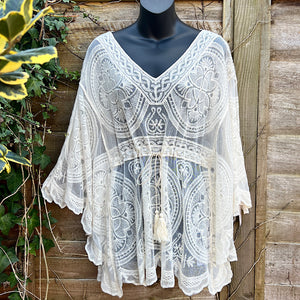 Stone Drawstring Waist Lace Batwing Top