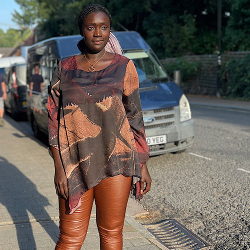 Rust Silk Feel Asymmetric Tunic (on model)