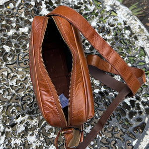 Honey Tan 'Ash' Leather Messenger Bag (open)