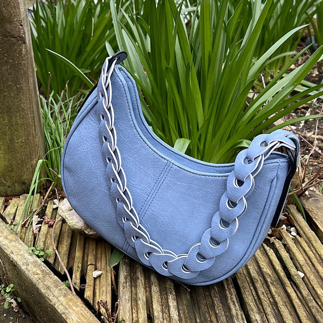 Denim Blue Scoop Shoulder Bag with Link Chain Handle (front)