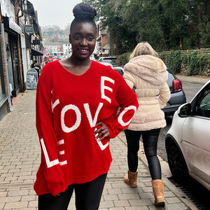 Red Italian Oversized Love Print Knitted Jumper Top