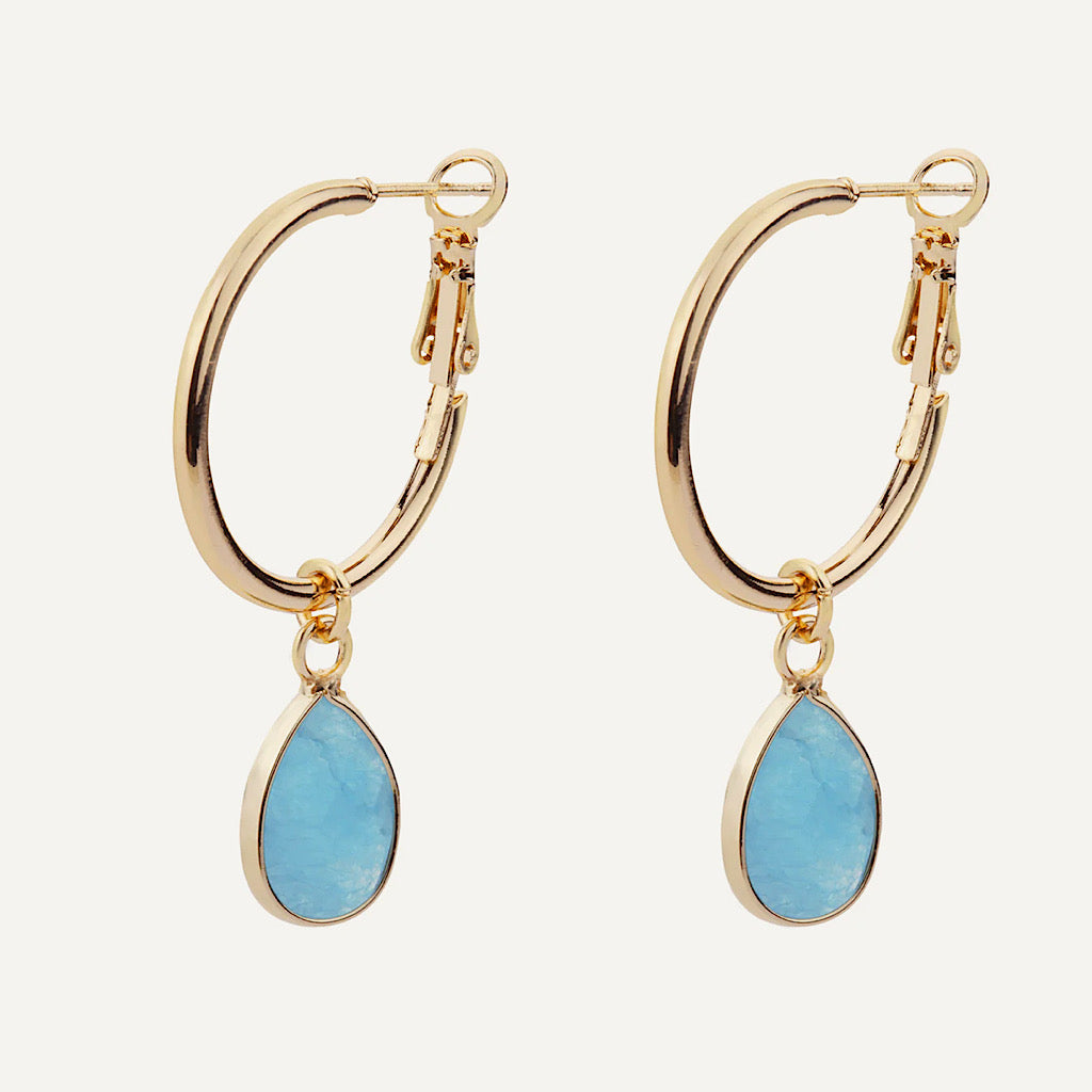 Gold & Cerulean Oval Semi-Precious Stone Lever Back Earrings