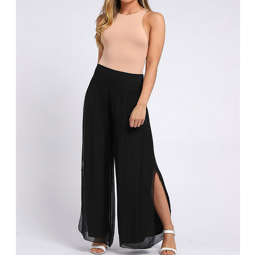 Black Wide Leg Silk Trousers with Side Slits