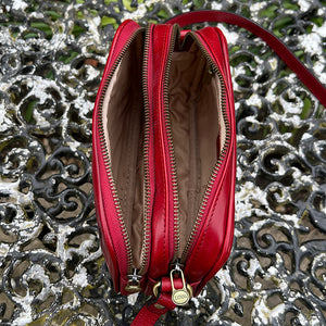 Red 'Lucia' Double Zip Italian Leather Crossbody Bag (open)