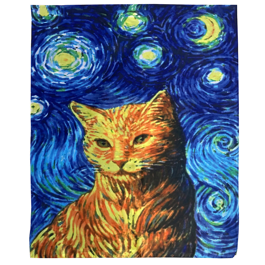 Impressionist Style Starry Night Cat Print Silk Scarf (open)