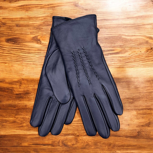 Navy Ladies Leather Wool Lined Gloves