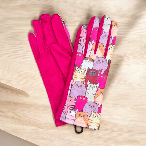 Pink Quirky Cats Printed Suedette Gloves