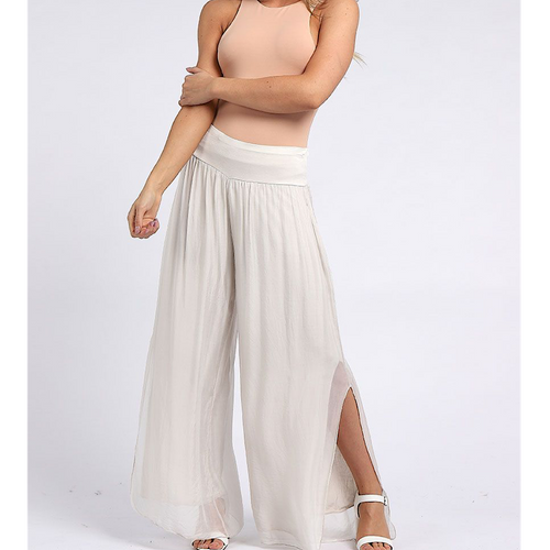Cream Wide Leg Silk Trousers with Side Slits