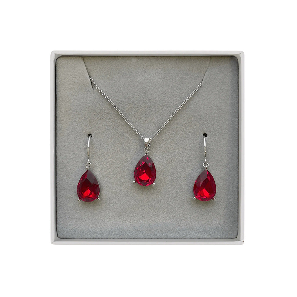 Boxed Ruby & Silver Crystal Pear Pendant Necklace & Earrings Set