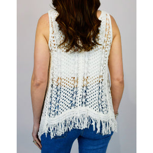 White Tassel Trim Sleeveless Crochet Top (back)