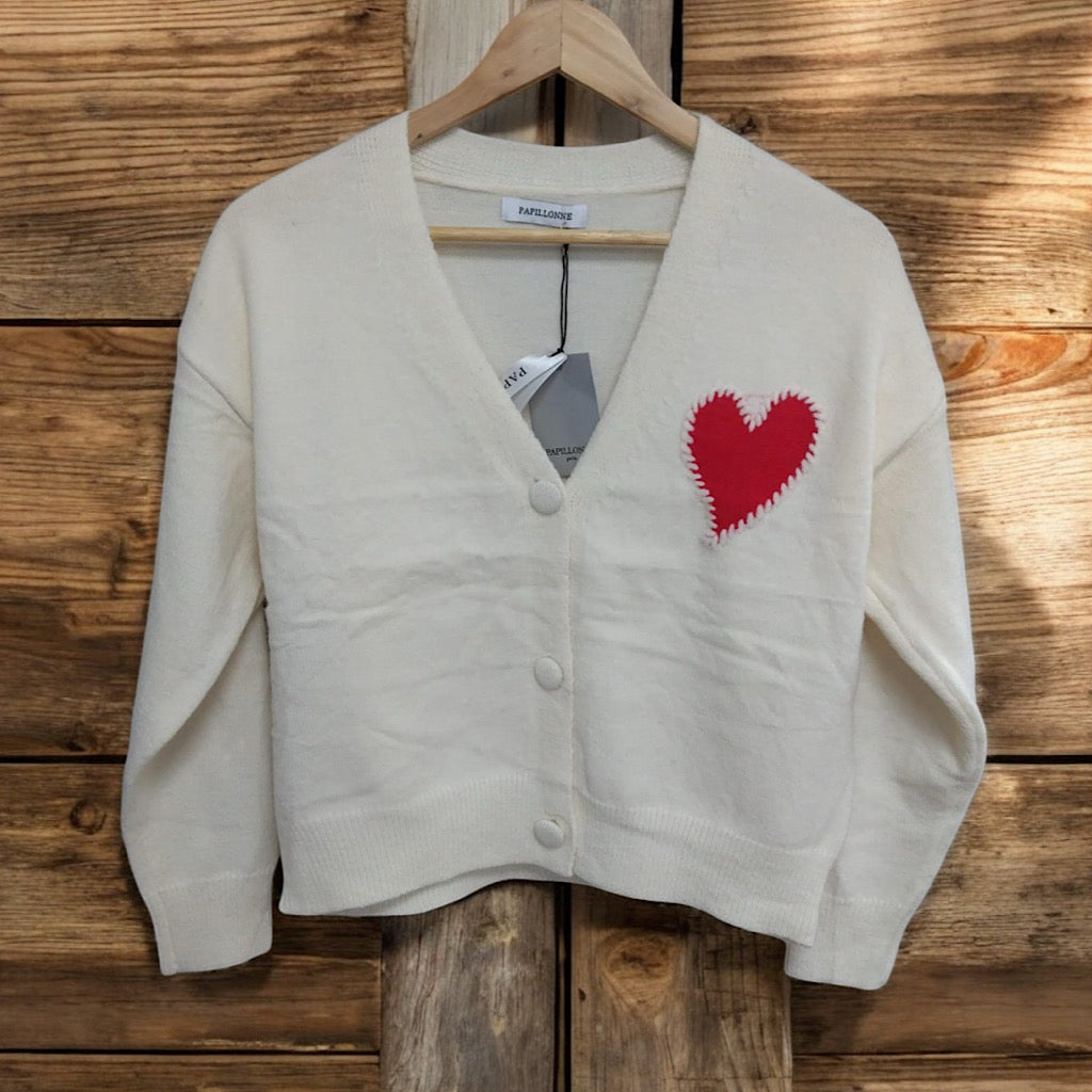 3 Button Ivory Cardigan with Red Heart