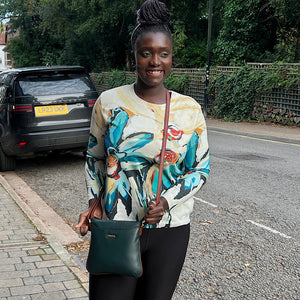 Dark Green & Tan 'Hazel' Flat Leather Crossbody Bag (on model)