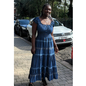 Dye Stripe & Wave Embroidered Button Front Maxi Dress | Dark Denim