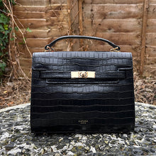 Load image into Gallery viewer, Black &quot;Alegra&quot; Italian Leather Croc Midi Grab Bag (front)
