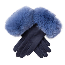 Load image into Gallery viewer, Navy/Cornflower Blue Ladies Velour-Lined Faux Suede Gloves with Faux Fur Cuffs
