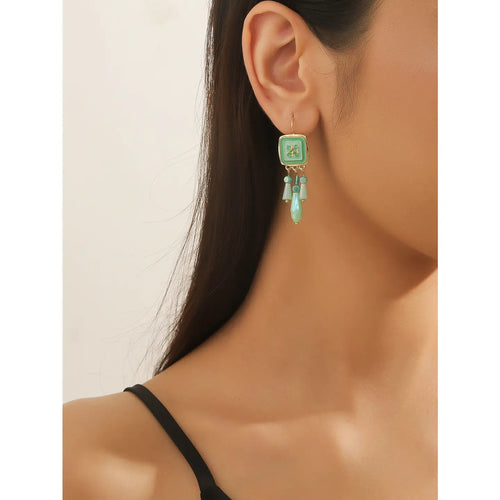 Green Square & Dangle Rhinestones Earrings (on model)