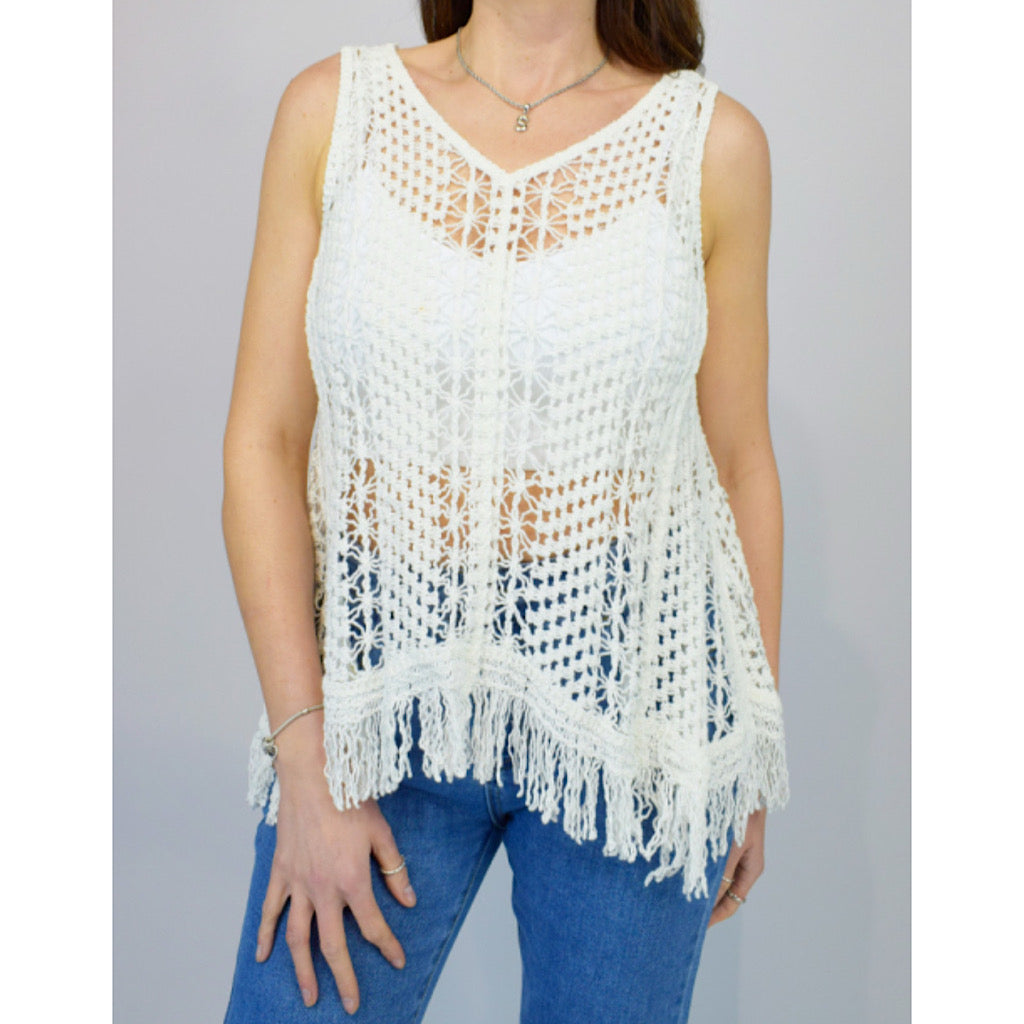 White Tassel Trim Sleeveless Crochet Top (front)