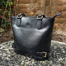 Load image into Gallery viewer, Black &quot;Emilia&quot; Italian Leather Bucket Bag with Side Buckle Details (side)
