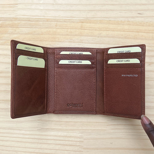 Gents Tan Leather Tri-Fold Wallet By Oak (open)