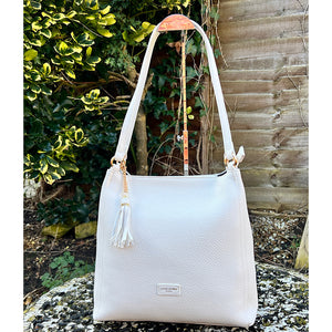 White Twin Handle Tote Bag with Tassel Charm