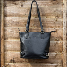 Load image into Gallery viewer, Black &quot;Emilia&quot; Italian Leather Bucket Bag with Side Buckle Details (front)

