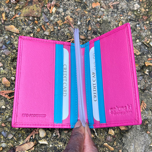 Fuchsia & Turquoise Soft Leather Credit Card Holder (open)