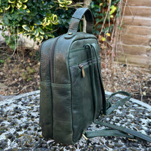 Load image into Gallery viewer, Dark Green Twin Zip Top Leather &#39;Harriet&#39; Backpack (back)
