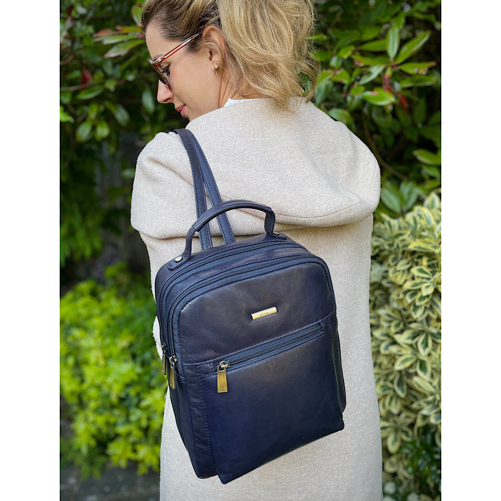 Navy Twin Zip Top Leather 'Harriet' Backpack (lifestyle)