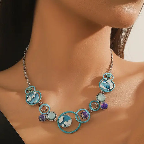 Blue Circle Geo Colourful Necklace (on model)