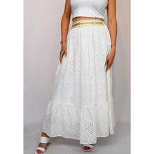 Load image into Gallery viewer, White Broderie Anglaise Skirt with Gold Embroidered Band (on model)
