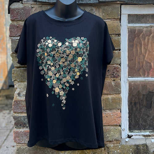 Green & Beige Textured Flower Heart Cotton T-Shirt