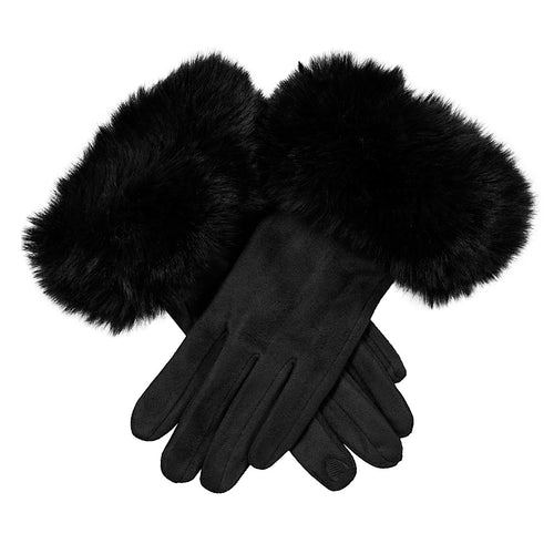 Black Ladies Velour-Lined Faux Suede Gloves with Faux Fur Cuffs