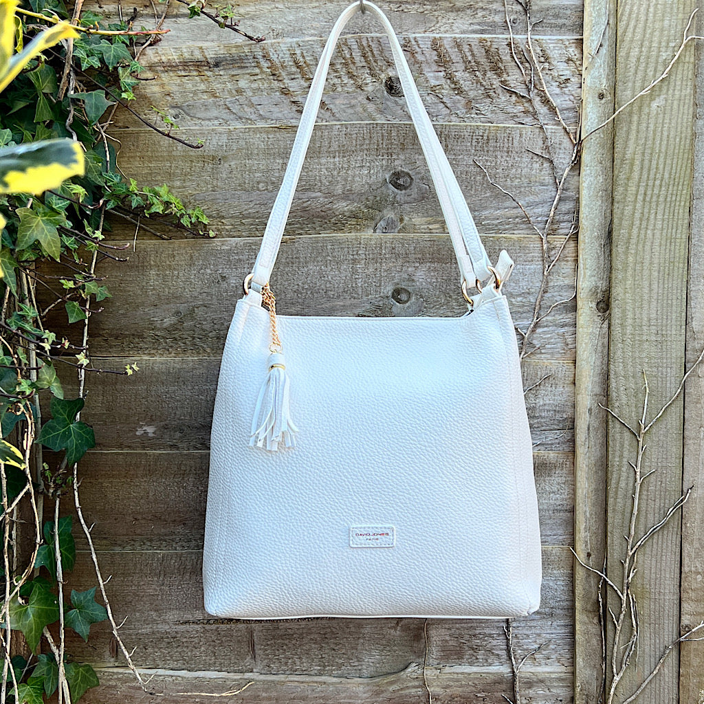 White Twin Handle Tote Bag with Tassel Charm (front)