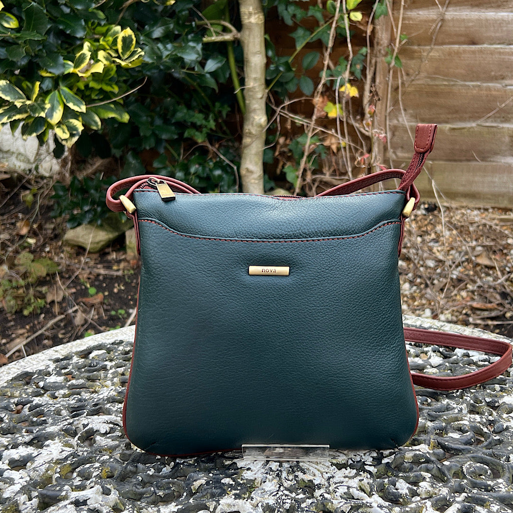 Dark Green & Tan 'Hazel' Flat Leather Crossbody Bag (front)