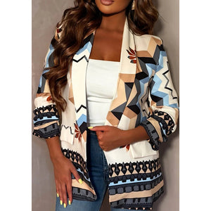 Blue & Beige Aztec Print Ruched Blazer