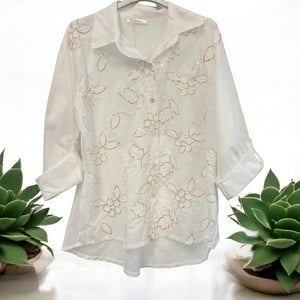 White Sequin Boarder Floral Embroidered Shirt