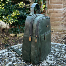 Load image into Gallery viewer, Dark Green Twin Zip Top Leather &#39;Harriet&#39; Backpack (side)
