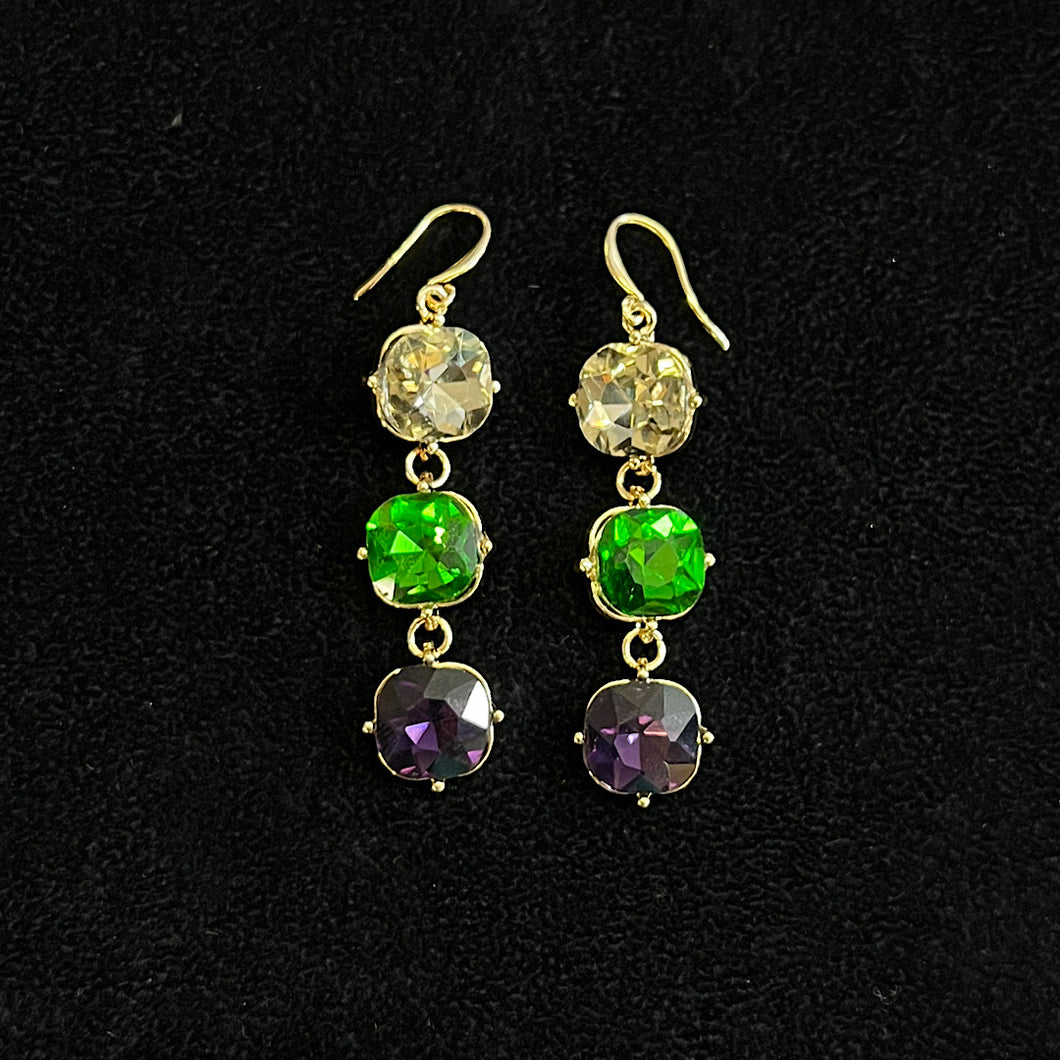 Gold, Amethyst & Smokey Square Jewel Hook 'Iris' Earrings