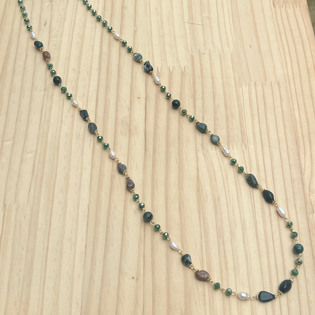 Emerald Semi-Precious Stone & Beaded Long Necklace