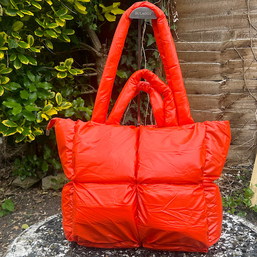 Large Orange Quilted Puffer Tote Bag (front)