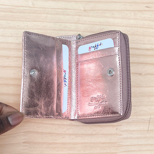 Rose Gold Metallic Effect Small Leather RFID Purse (open)