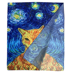 Impressionist Style Starry Night Cat Print Silk Scarf (fold)