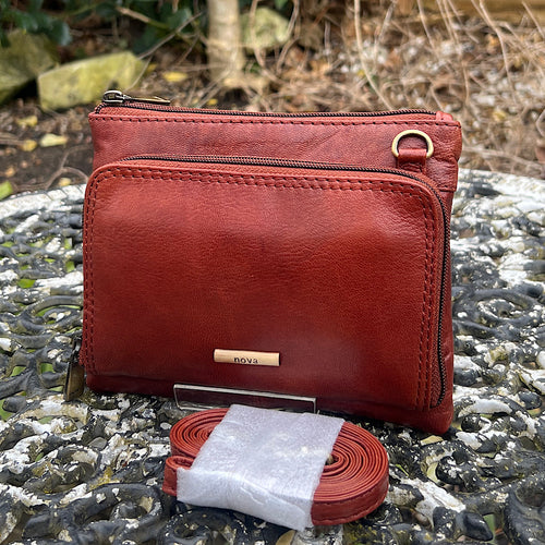 Small Cognac 'Aria' Leather Crossbody Bag (front)