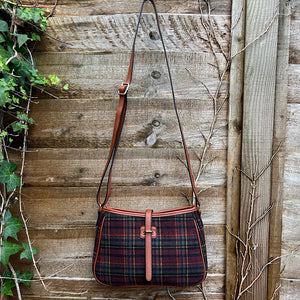 Tan & Bordeaux Tartan Look Crossbody Bag (hanging)