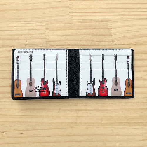Retro Row of Guitars Leather Wallet (open)