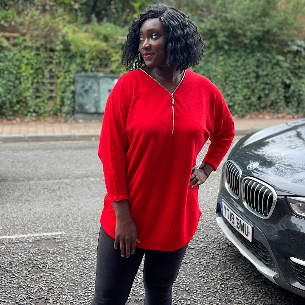 Red Double Zip 'Luxe Like Cashmere' Long Knitted Top (front)