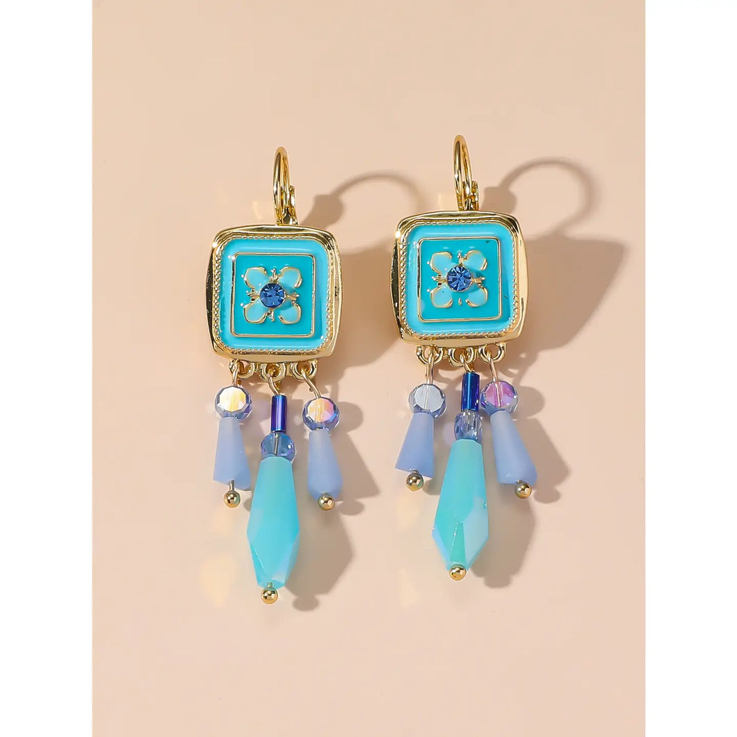 Blue Square & Dangle Rhinestones Earrings