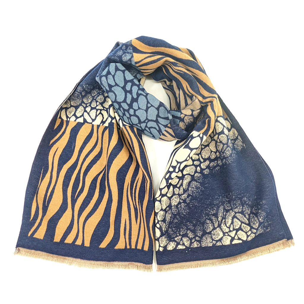 Navy & Camel Thick Large Mix Animal Print Pashmina Style Scarf