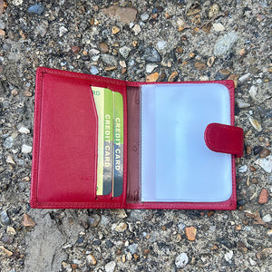 Red Leather Credit Card Holder with Tab (open)